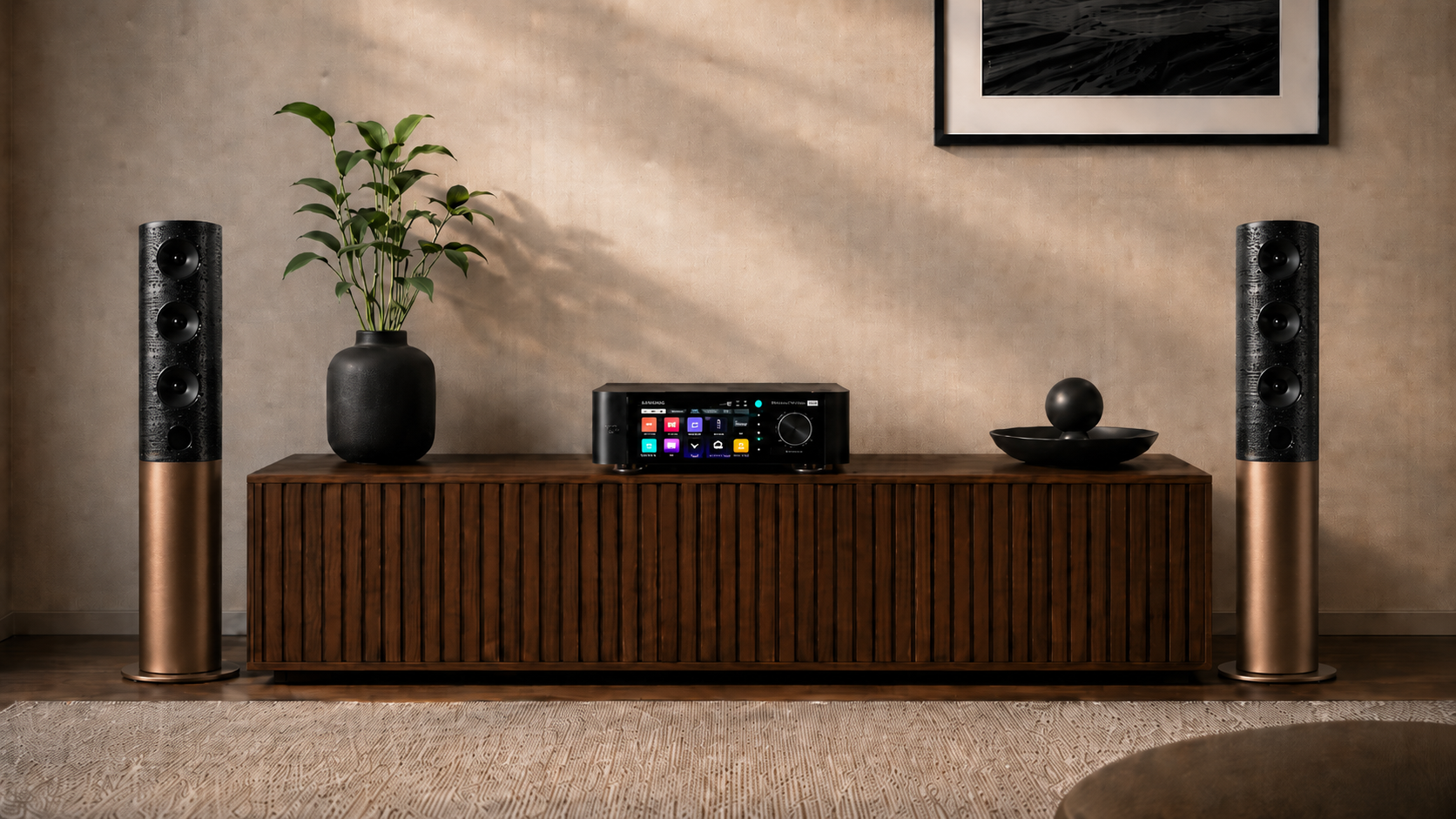 Audio equipment including speakers and a receiver on a wooden cabinet against a beige wall.